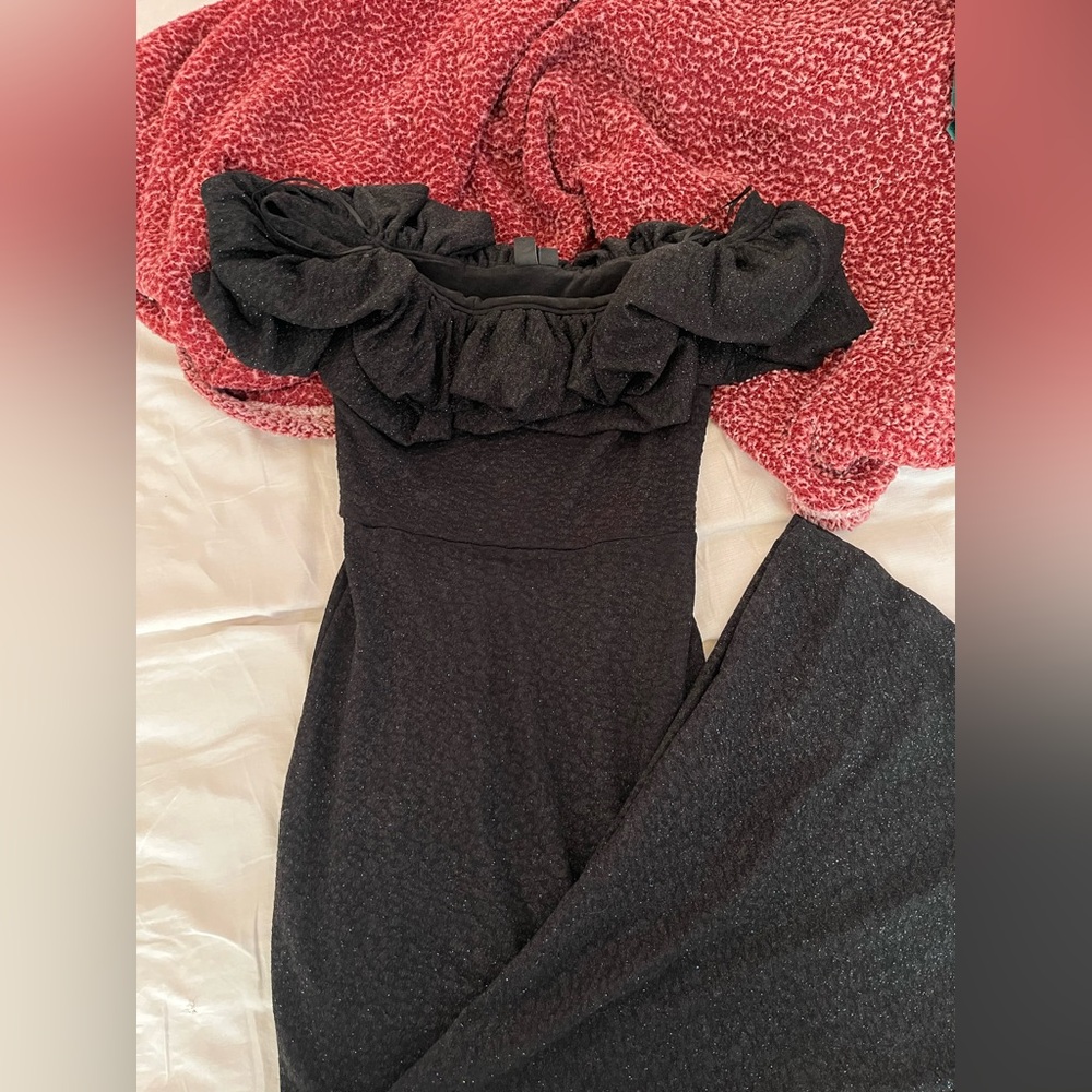 Windsor Black Sparkle Off-Shoulder Ruffle Dress